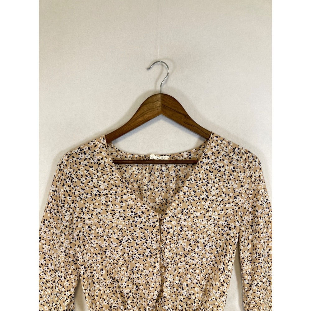 Cottagecore Sienna Sky Women Sm Tan Floral Peplum V-Neck Balloon Sleeve Blouse - Picture 7 of 10